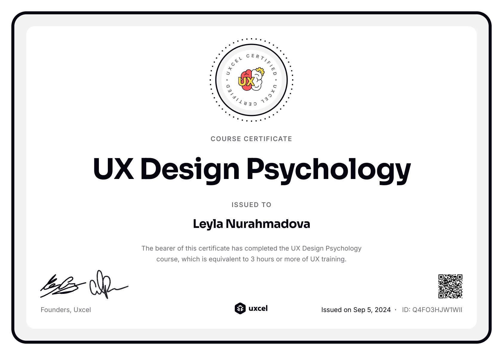 Leyla Nurahmadova's certificate